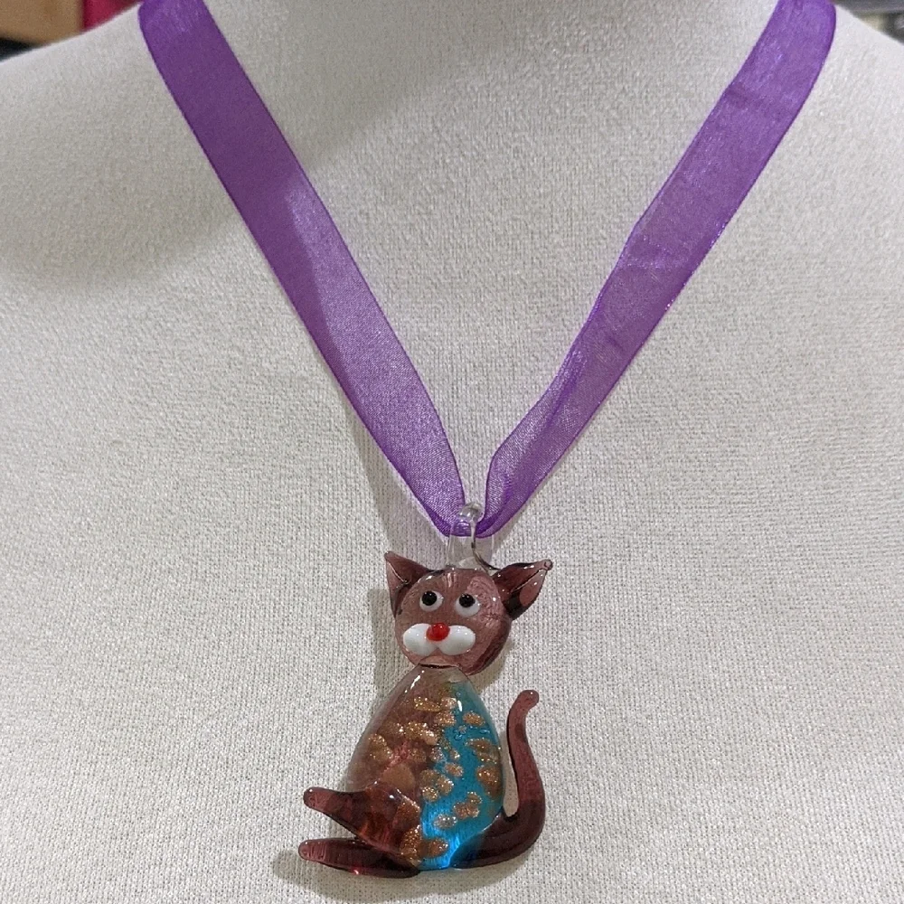 Purple Cat Glass Blown Pendant Necklace